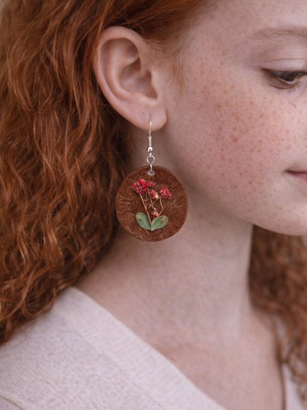 Hand Crafted Brown Leather Earrings with Red Floral Accents - NWOT